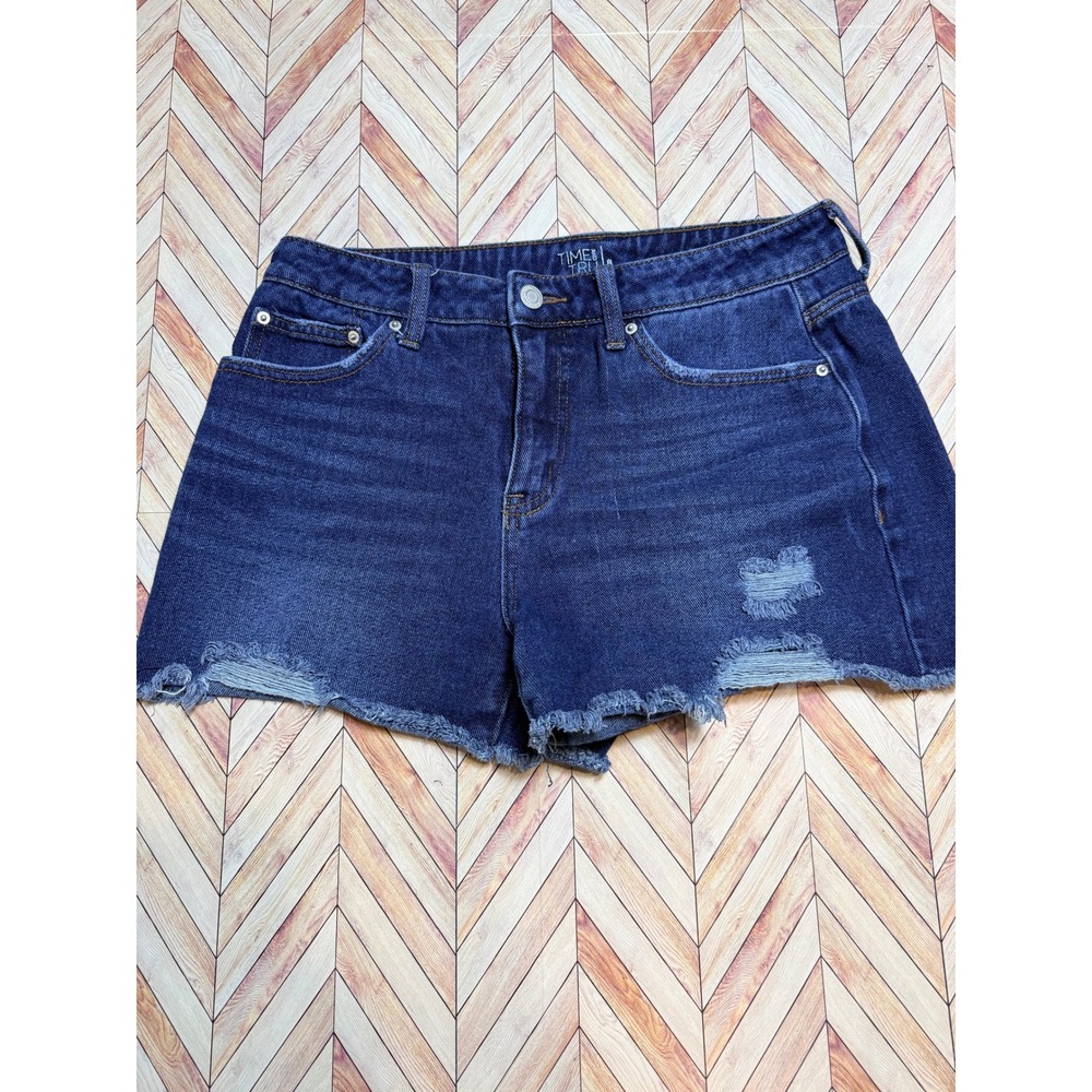 Time and Tru Womens High Rise‎ Distressed Denim Shorts Dark Wash Blue 8 Cutoff